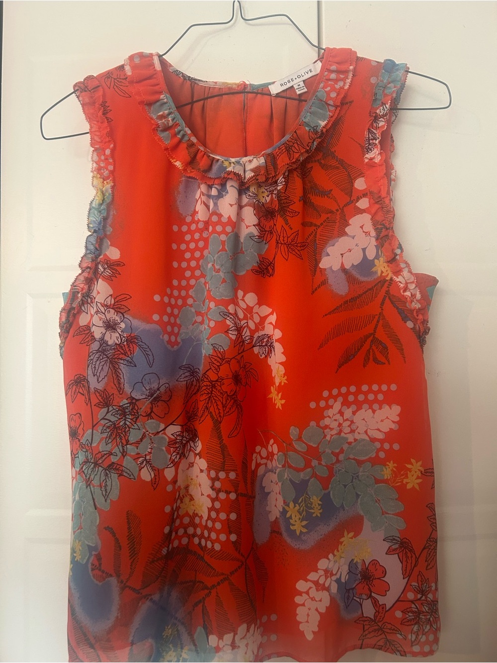 Rose & Olive Red Floral Ruffle Neck Sleeveless Top